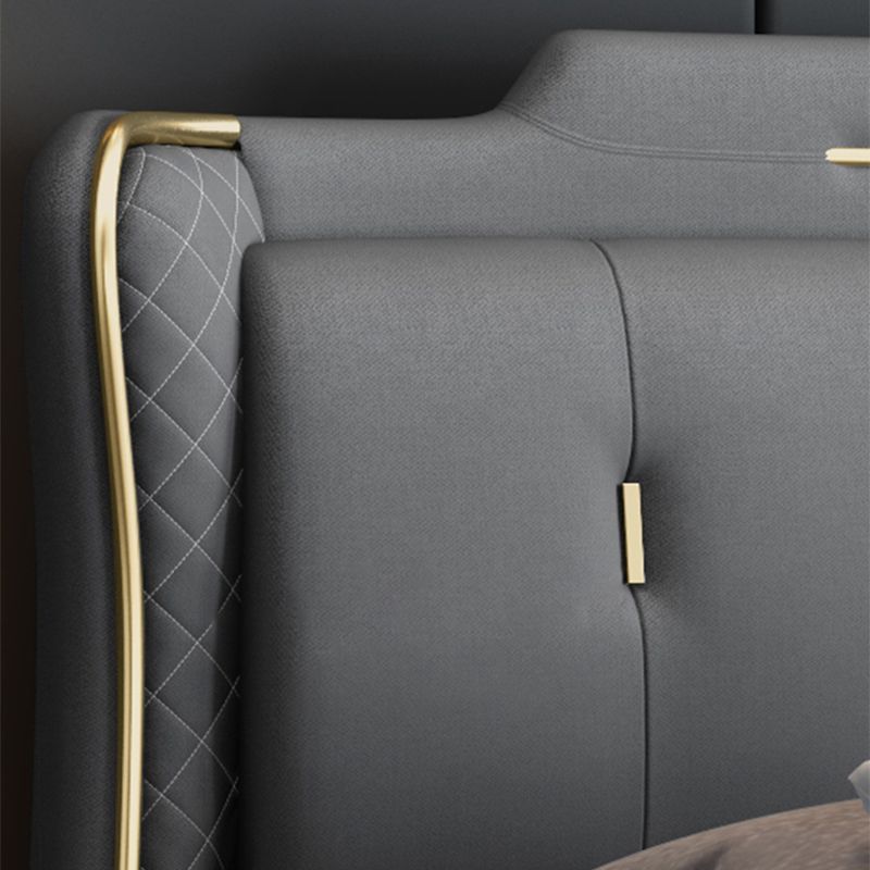 Cama de panel glamoroso de cuero sintético con cabecera tapizada de madera