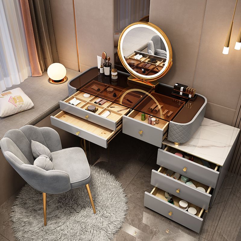 Escritorio de tocador de maquillaje de madera glamoroso con cajón, juego de tocador gris/blanco