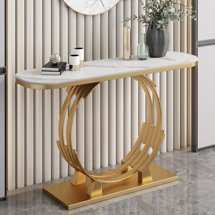 Glam Console Accent Table Antique Finish Oval Console Table with Shelf Clearhalo 'Console Tables' 'console_tables' 'Entry & Mudroom Furniture' 'furn' 'furn_console_tables' 'Furniture' 1200x1200_2870e1a5-d2db-4783-a8c5-ce74e2670c93