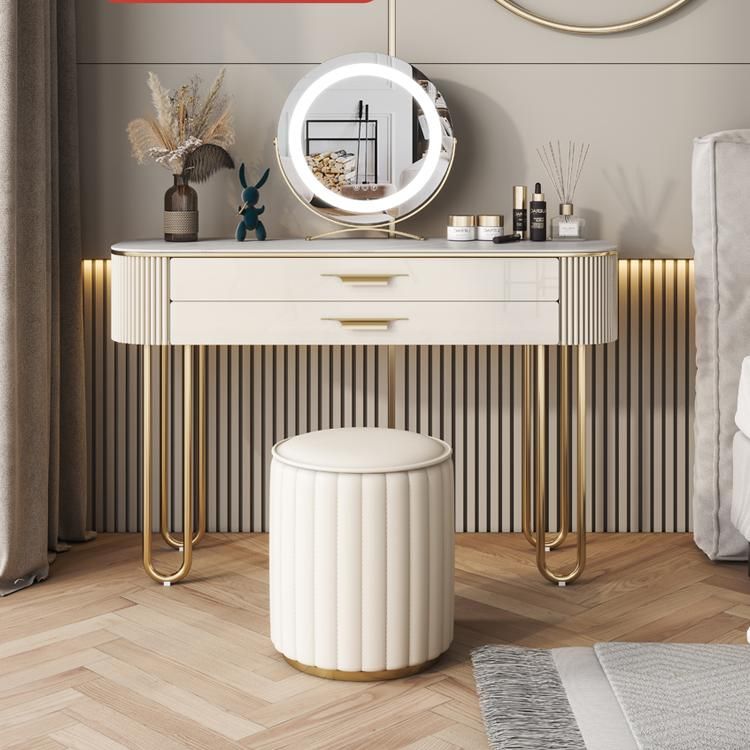 ベージュバニティメタルとエンジニアリングウッドメイクアップドレッシングテーブルスツールセット