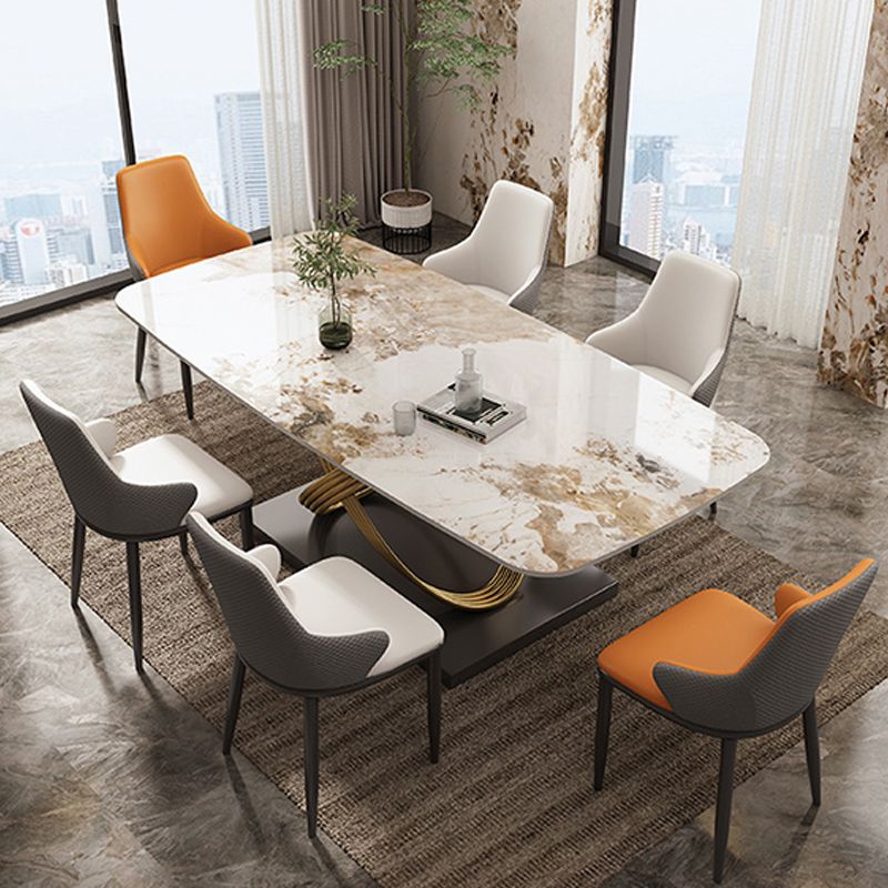 Mesa rectangular de piedra sinterizada de estilo industrial con patas de metal para uso doméstico