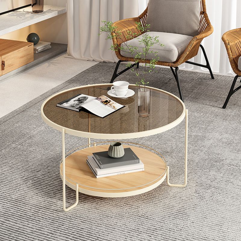 Table basse ronde en verre de 17,7 po de hauteur, table de cocktail à 3 pieds en fer avec étagère