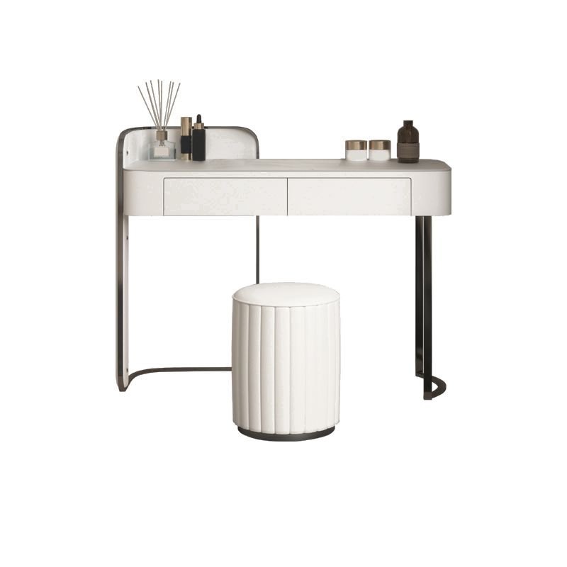 Modern Simple 2-Drawer Vanity Table Stone Top Dressing Table in White with Stool