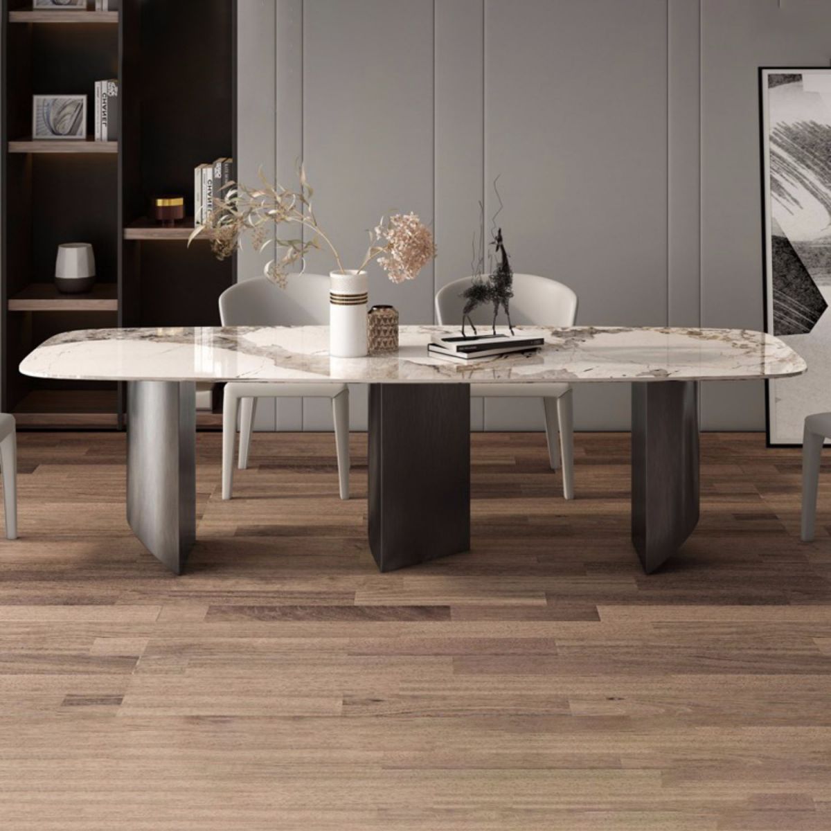 Muebles modernos Mesa de comedor de piedra sinterizada rectangular blanca con patas de metal para el hogar