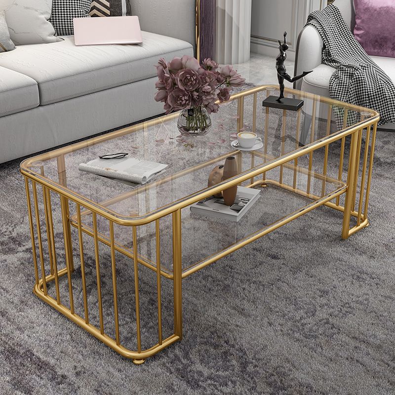 Glam Rectangle Coffee Table with Golden Frame Base and Storage Shelf