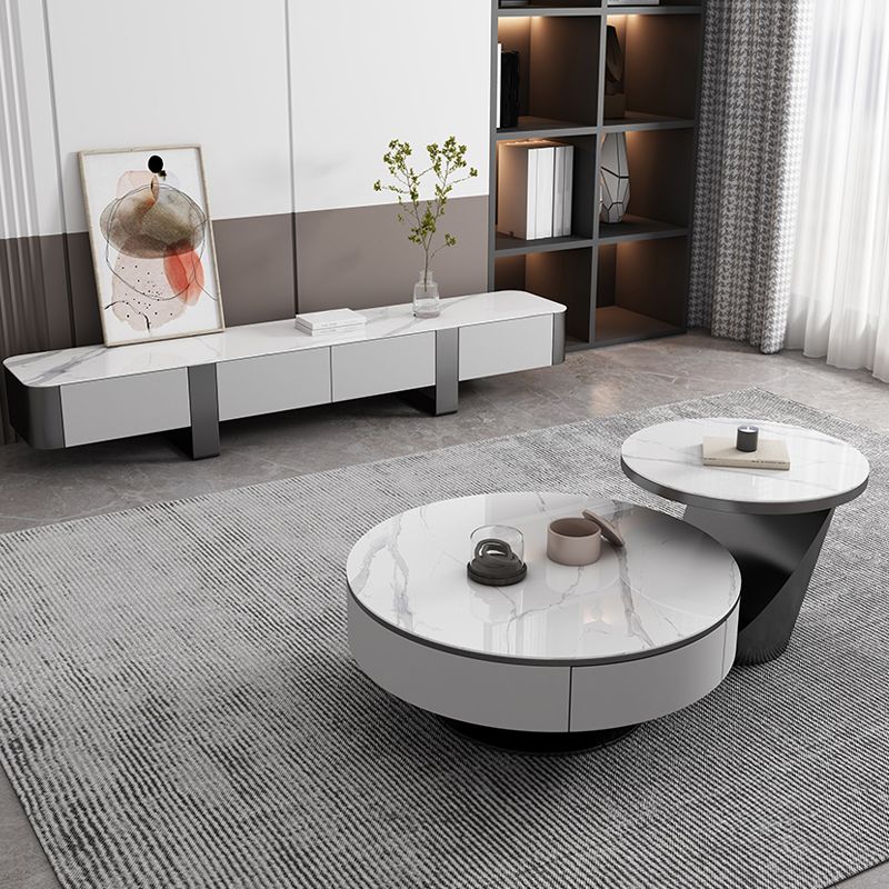 Modern Marble Drum Coffee Table Round Cocktail Table in white Clearhalo 'Coffee & Accent Tables' 'Coffee Tables' 'coffee_tables' 'furn' 'furn_coffee_tables' 'Furniture' 'Living Room Furniture' 1200x1200_28d26f6d-8c0b-423c-b3b9-ab9e390d7a37