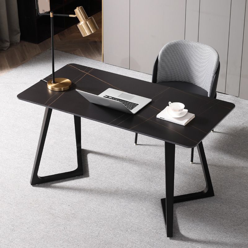 Black Rectangular Office Desk with Black Metal Base Modern Desk Clearhalo 'furn' 'furn_office_desk' 'Furniture' 'Office Desks' 'Office Furniture' 'office_desk' 1200x1200_2910739f-9863-429f-99aa-b825f7c76fc1