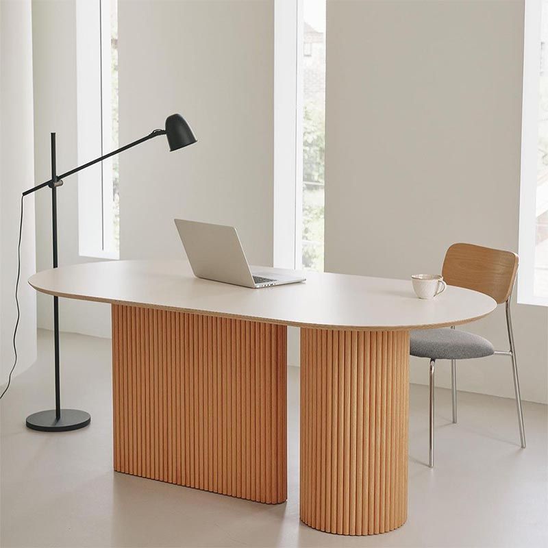 Ovaal vaste houten eettafel modern wit-natuurlijke meubels met dubbel voetstuk voor thuis