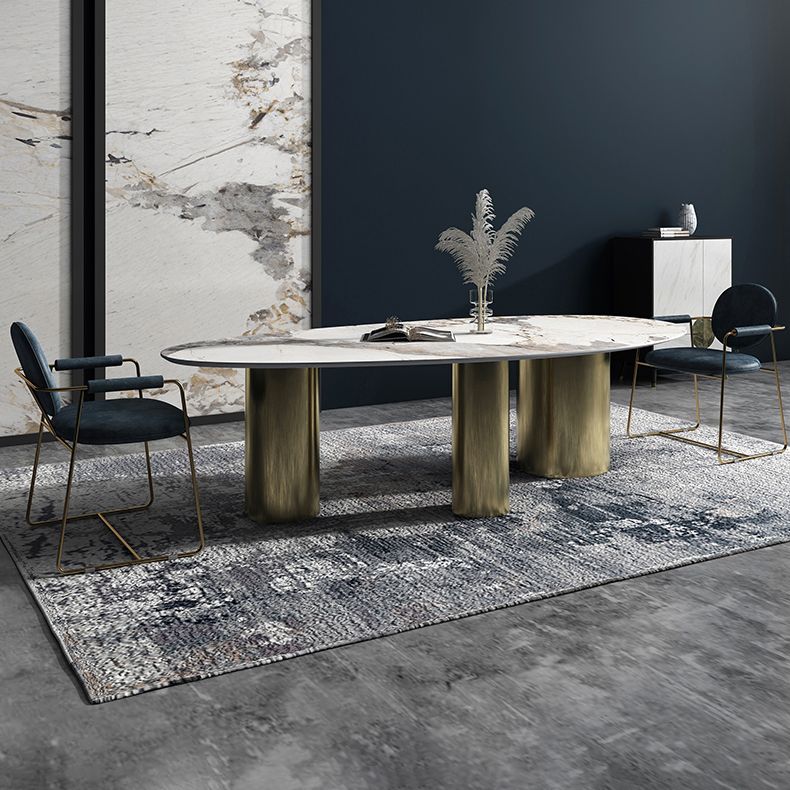 Oval Traditional Luxury Dining Table White Sintered Stone Table with 3 Gold Legs Clearhalo ' dining_table' 'Dining Tables & Seating' 'Dining Tables' 'furn' 'furn_dining_table' 'Furniture' 'furniture_dining_table' 'Kitchen & Dining Furniture' 'kitchen&dining_furn' 'kitchen' 'kitchen_dining_table' 1200x1200_294de53c-2c26-4d9e-a04c-de82692d8a3d