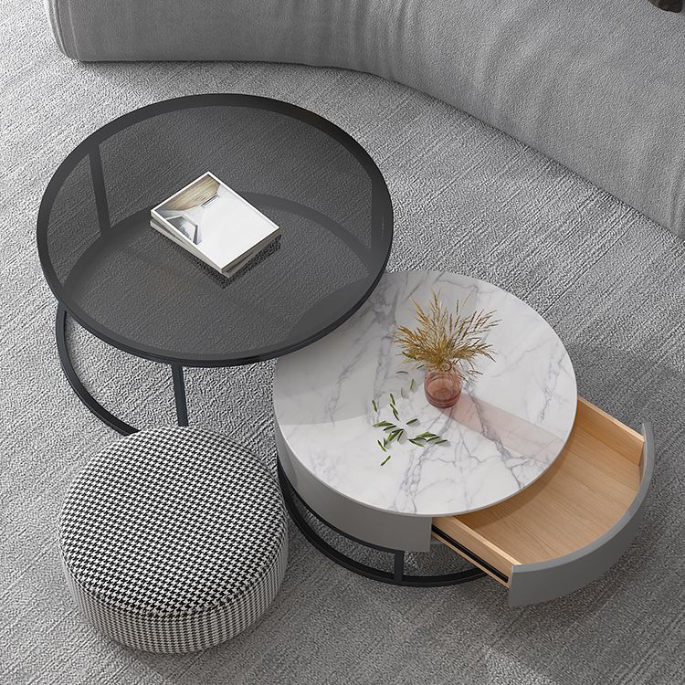 Modern Round Glass & Slate Coffee Table Set Frame Cocktail Table with Drawer Clearhalo 'Coffee & Accent Tables' 'Coffee Tables' 'coffee_tables' 'furn' 'furn_coffee_tables' 'Furniture' 'Living Room Furniture' 1200x1200_29596556-01e2-48fb-ad92-8f7789c7d532
