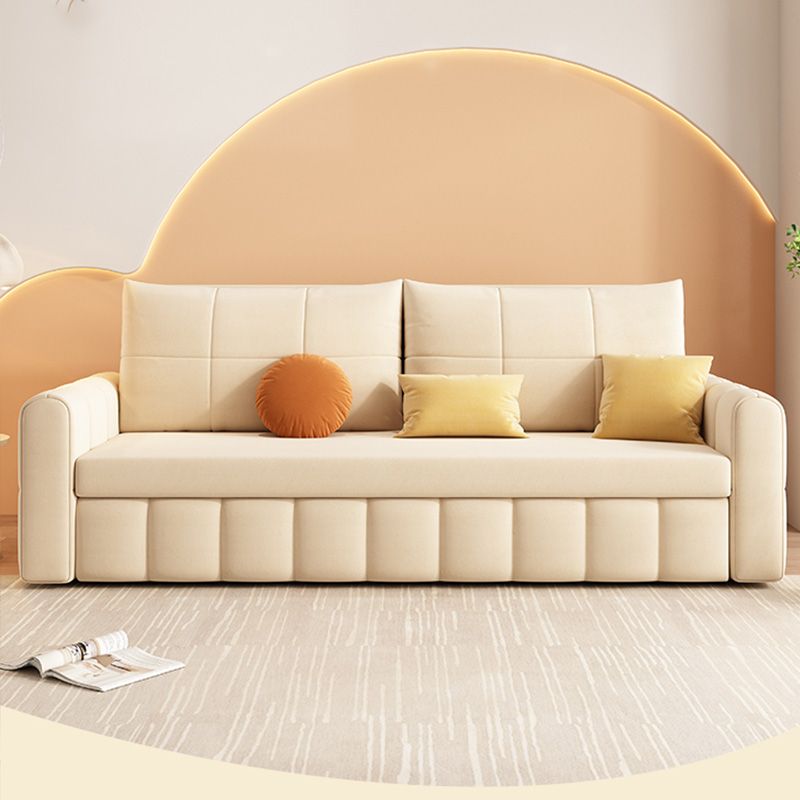 Glam Sofa Bed Square Arms Convertible Sofa in Beige Fabric Upholstery