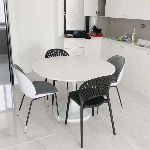 Contemporary Dining Table with White Pedestal Round Stone Top Dining Table