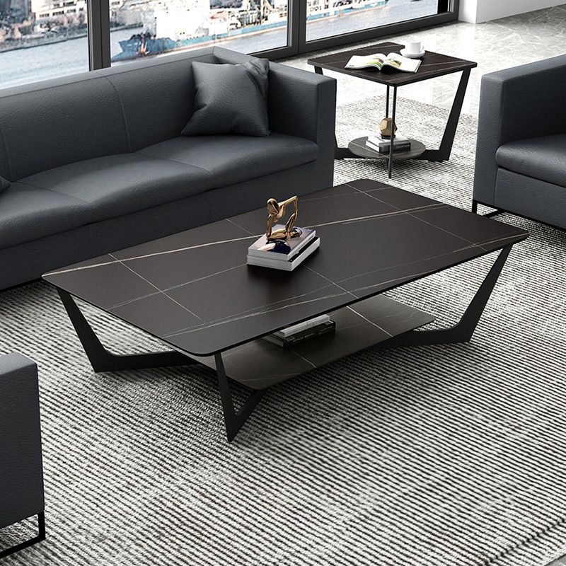 Rectangle Stone Top Cocktail Table with Cross Leg and Storage Shelf