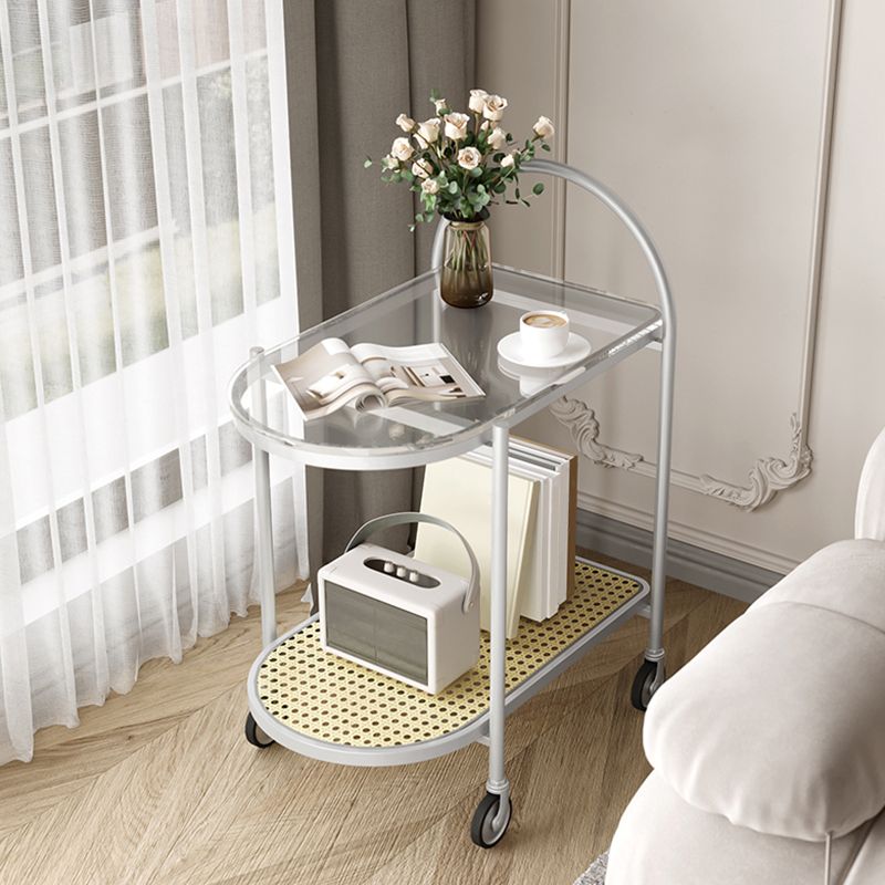 Mesa moderna de la esquina de vidrio mesa lateral de doble nivel con almacenamiento