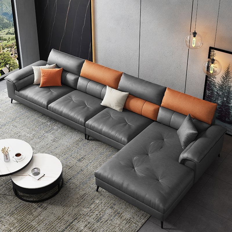 137.8" W x 70.87" D x 35.43" H Faux Leather Sofa & Chaise Modern Sewn Pillow Back Sofa Clearhalo 'furn' 'furn_sectionals' 'Furniture' 'Living Room Furniture' 'Sectionals' 1200x1200_29d85c64-dc9d-4049-b54c-906f15da0580