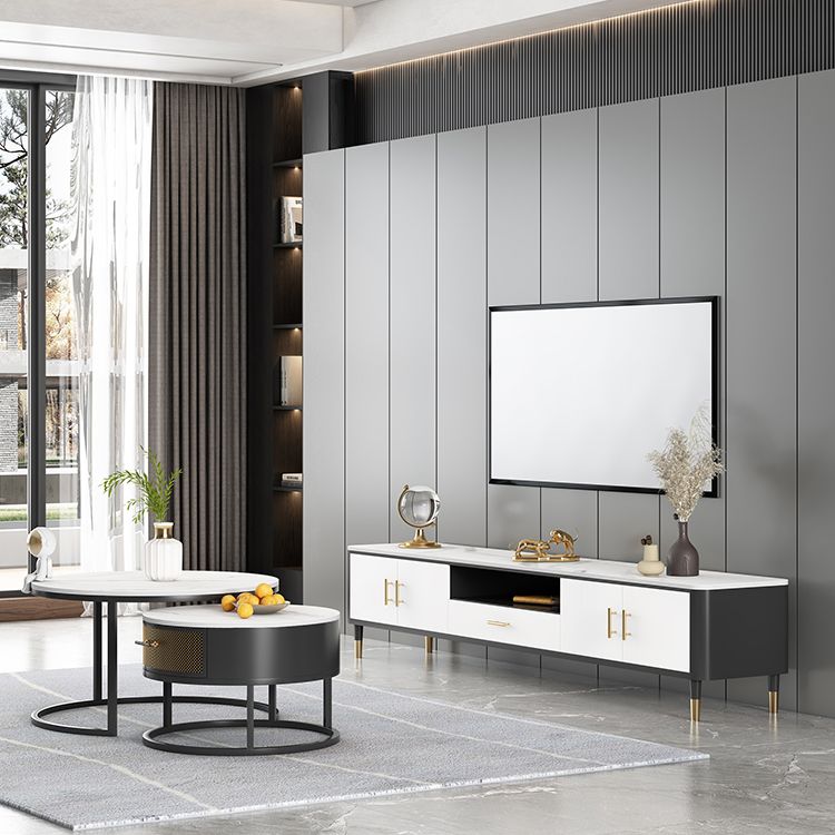 Glam Style TV Stand White Colour Stone TV Console with Open Storage Clearhalo 'furn' 'furn_tv_stands_entertainment_centers' 'Furniture' 'Living Room Furniture' 'TV Stands & Entertainment Centers' 'TV Stands & Media Storage Furniture' 'tv_stands_entertainment_centers' 1200x1200_29decdf3-9386-49a3-a545-0c39bb6c3322