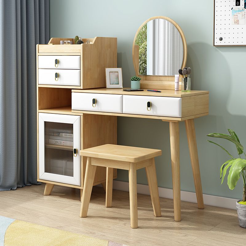 Set di vanità in gomma con sgabello e specchio scandinavo 4 cassetti