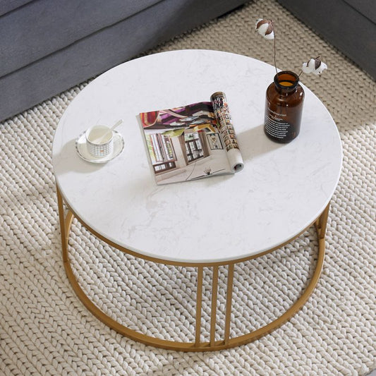 Glam Style White Round Coffee Table with Marble Top and Iron Frame Base