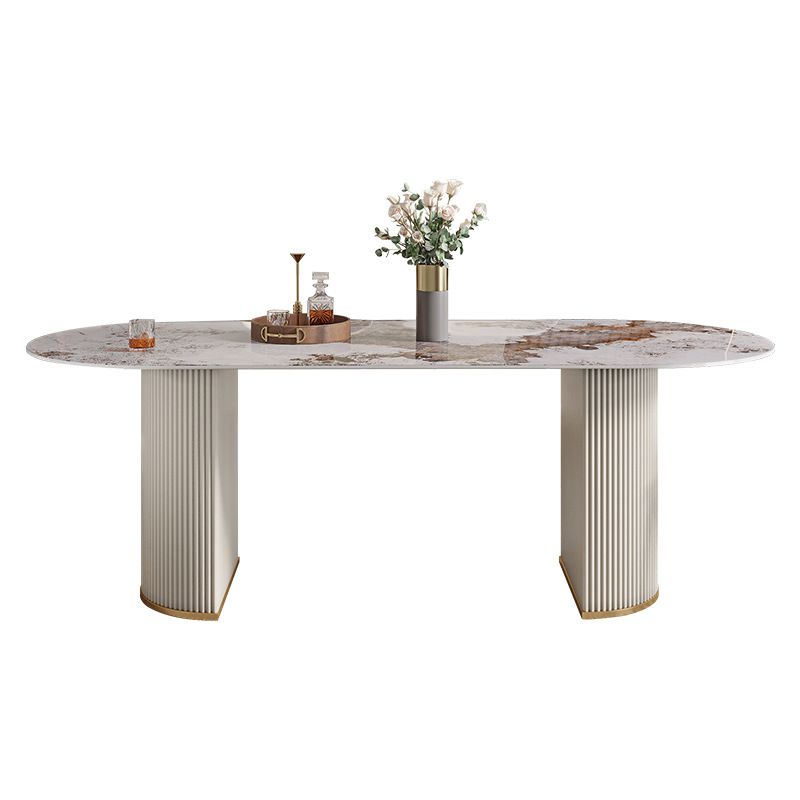 Luxury Sintered Stone Table Oval White Table with Double Pedestal Clearhalo 'Dining Tables & Seating' 'Dining Tables' 'dining_table' 'furn' 'furn_dining_table' 'Furniture' 'Kitchen & Dining Furniture' 1200x1200_2a4a7804-a7d9-4e4b-b2df-9bb270849ee9