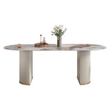 Luxury Sintered Stone Table Oval White Table with Double Pedestal Clearhalo 'Dining Tables & Seating' 'Dining Tables' 'dining_table' 'furn' 'furn_dining_table' 'Furniture' 'Kitchen & Dining Furniture' 1200x1200_2a4a7804-a7d9-4e4b-b2df-9bb270849ee9