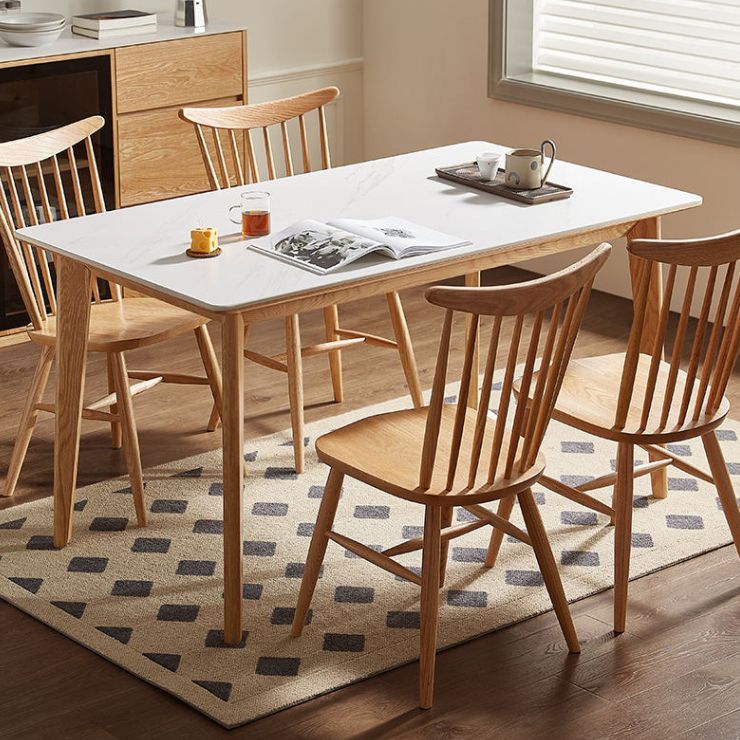 Modern Rectangular White Stone Top Dining Table with 4 Natural Oak Legs Clearhalo 'Dining Tables & Seating' 'Dining Tables' 'dining_table' 'furn' 'furn_dining_table' 'Furniture' 'Kitchen & Dining Furniture' 1200x1200_2a5702b4-6fc9-4a24-8ea4-80acf6e0b417