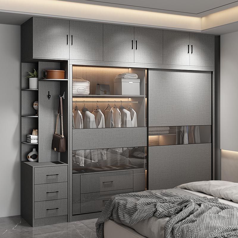 Modern Style Glass Wardrobe Gray Colour Soft Close Drawer Wardrobe Closet Clearhalo 'Armoires & Wardrobes' 'armoires_wardrobes' 'Bedroom Furniture' 'furn' 'furn_armoires_wardrobes' 'Furniture' 1200x1200_2a5b3919-cb8b-41b7-a1c7-2c458ed92a2e