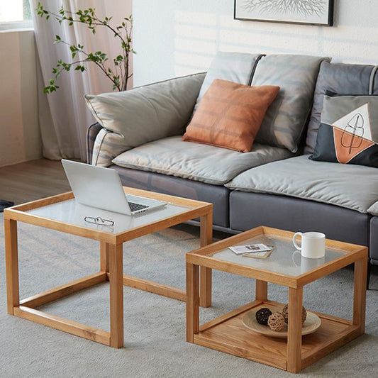 モダンなガラストップコーヒーテーブルスクエアナチュラルウッドカクテルテーブル