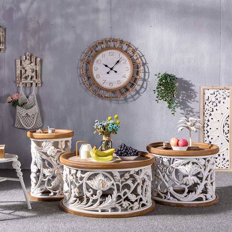 アイアンドラムエンドテーブルラウンドウッドトレイトップサイドエンドテーブル - 苦しめられた表面処理