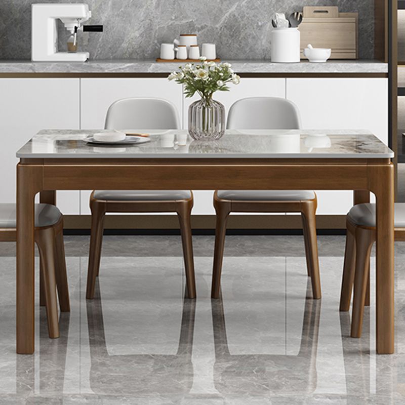 Mesa de comedor de piedra gris rectangular moderna con 4 patas de madera de goma