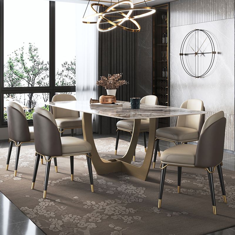 Minimalist Style Sintered Stone Dining Table with Rectangle Shape Fixed Table and Trestle Base Clearhalo 'Dining Room Sets' 'Dining Tables & Seating' 'dining_room_set' 'furn' 'furn_dining_room_set' 'Furniture' 'furniture_dining_room_set' 'Kitchen & Dining Furniture' 'kitchen&dining_furn' 'kitchen' 1200x1200_2ab84dc3-4043-464b-bf9c-784994a035ab