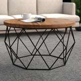 Contemporary Wooden Top Round Coffee Table with Black Metal Frame Base