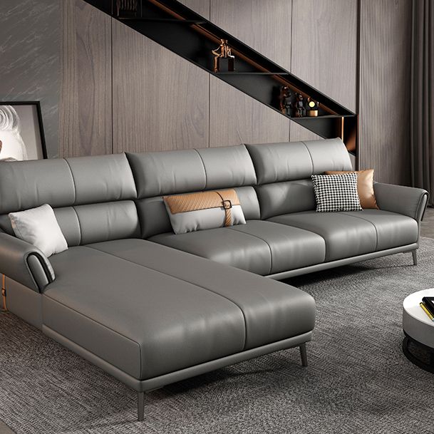 Light-grey Sewn Pillow Back Faux Leather Pillow Top Arm Sofa with Stain Resistant Clearhalo 'furn' 'furn_sectionals' 'Furniture' 'furniture_sectionals' 'kitchen' 'kitchen_sectionals' 'Living Room Furniture' 'Sectionals' 1200x1200_2adf2042-b55e-4e2e-8e7f-6b70b2f75516