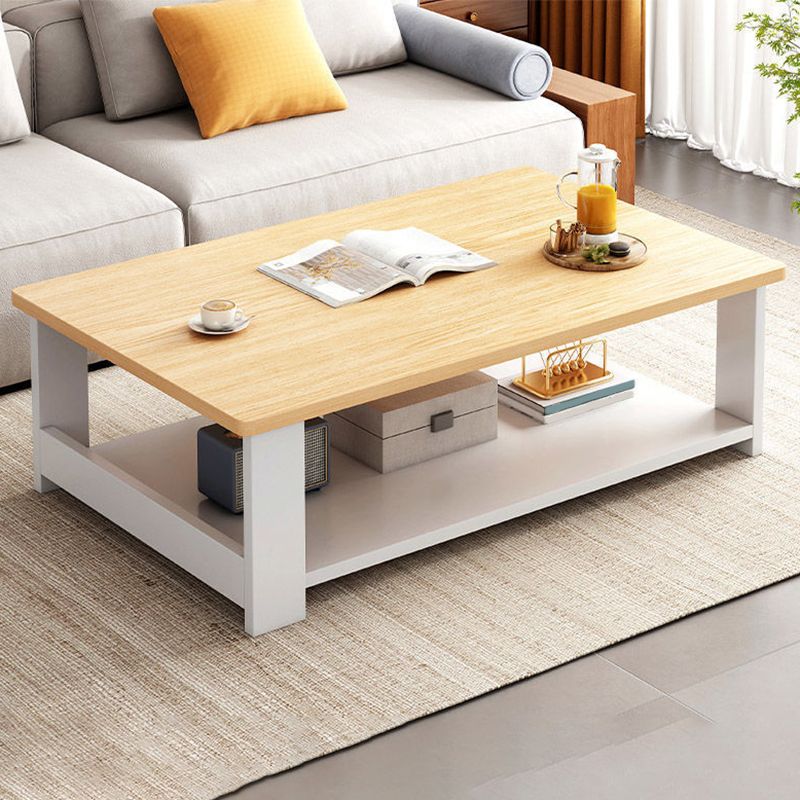 Modern Style Rectangular Wooden Table 4 Legs Base with Storage Rack Coffee Table