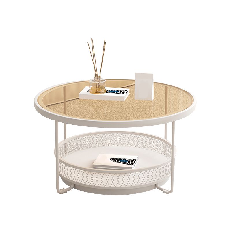 Iron 4 Legs Cocktail Table Round Glass Top Coffee Table with Shelf Clearhalo 'Coffee & Accent Tables' 'Coffee Tables' 'coffee_tables' 'furn' 'furn_coffee_tables' 'Furniture' 'Living Room Furniture' 1200x1200_2b2b0ddd-9805-49ce-9786-042baf0a9e55