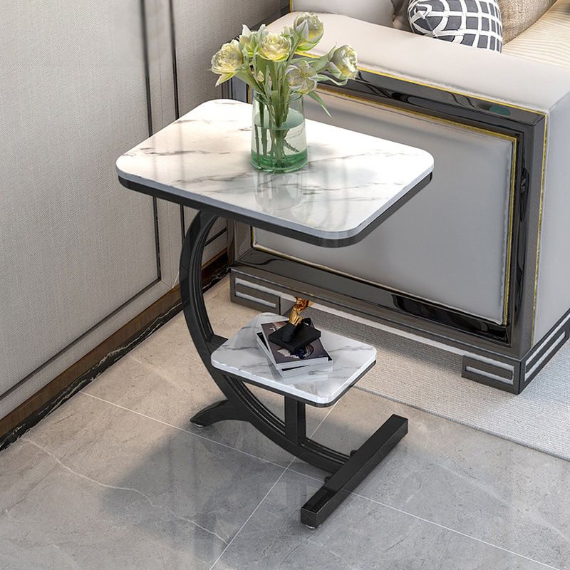 Modern Style Iron Base Rock Plate with Storage Shelf Rectangular Desktop Side Table