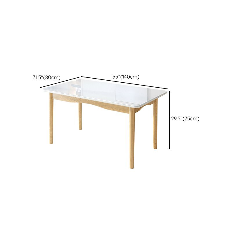 Contemporary Rectangular White Glass Dining Table with Solid Wood Legs