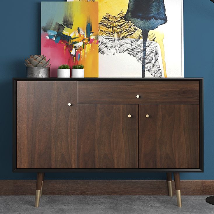 Glam -stijl bruine massieve houten buffettafel kasten opslagzijdeling met laden