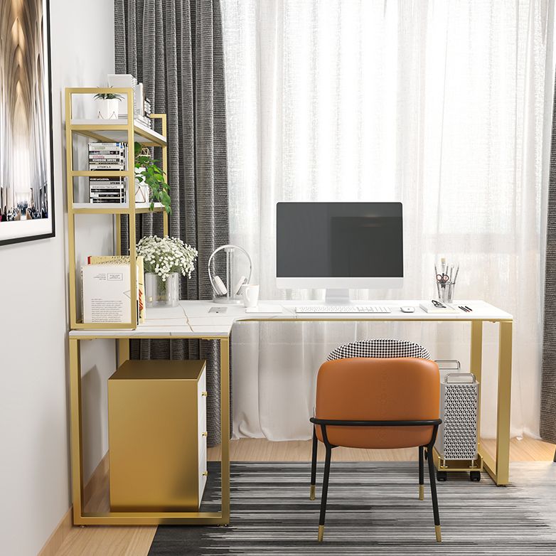 Scrivania in pietra sinterita glam camera da letto a forma di a forma di scrittura bianca con gamba in acciaio dorato