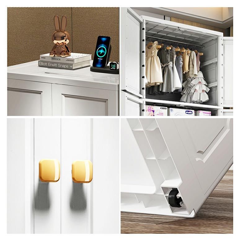 Armata di plastica bianca, guardaroba a 2 porte con 2-cassetti e canna da abbigliamento