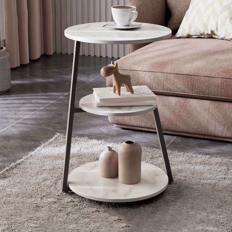 Glam Metal Side Table with Shelves Round Stone Top Accent Side Table