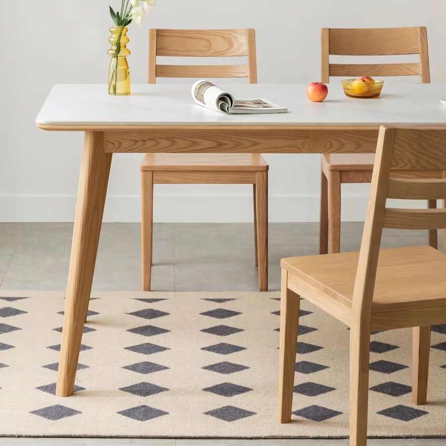 Modern Rectangular White Stone Top Dining Table with 4 Natural Oak Legs Clearhalo 'Dining Tables & Seating' 'Dining Tables' 'dining_table' 'furn' 'furn_dining_table' 'Furniture' 'Kitchen & Dining Furniture' 1200x1200_2bbbe872-affb-4c5f-800b-913c347dfa83
