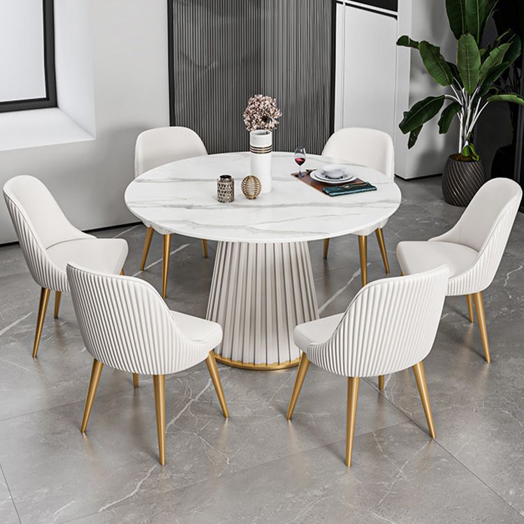 焼結石ダイニングテーブルセット1/3/5/7ピースラウンドダイニングテーブルフェイクレザーチェア