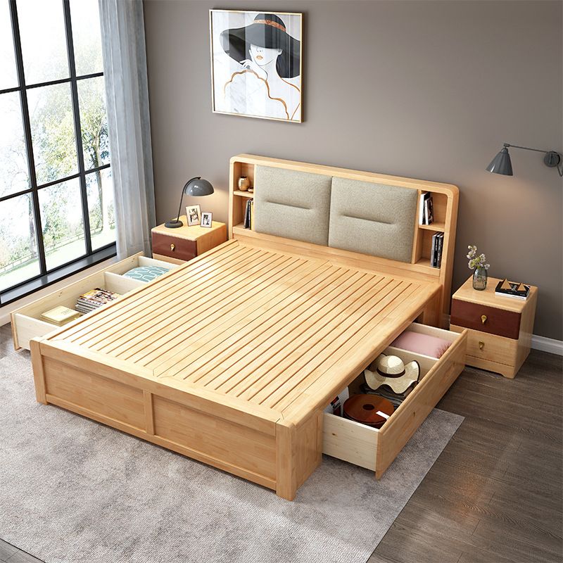 Natural Bed Frame Wood and Upholstered Standard Bed Upholstered Headboard