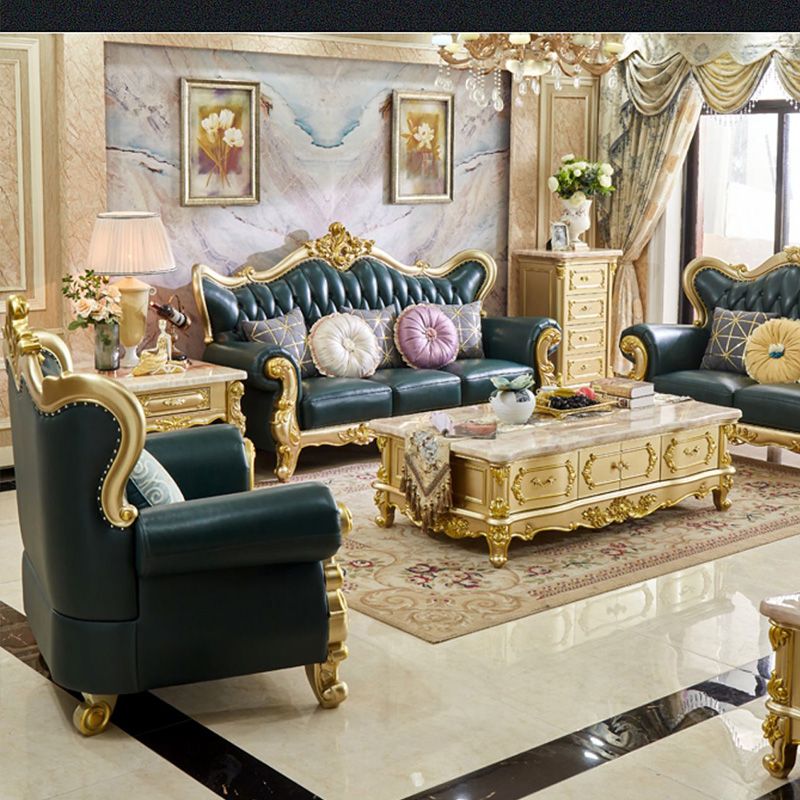 Canapé à dos fendu tufted vert authentique en cuir roulé en cuir roulé avec tête de clou