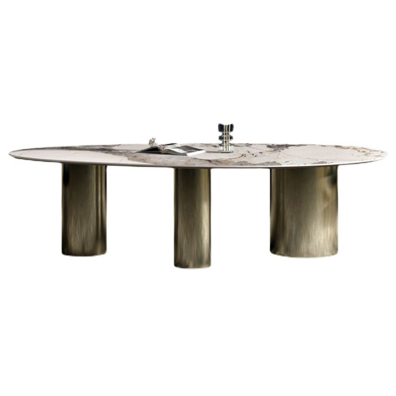 Oval Sintered Stone Dining Table Luxury Table in White with Metal 3 Legs Clearhalo ' dining_table' 'Dining Tables & Seating' 'Dining Tables' 'furn' 'furn_dining_table' 'Furniture' 'furniture_dining_table' 'Kitchen & Dining Furniture' 'kitchen&dining_furn' 'kitchen' 'kitchen_dining_table' 1200x1200_2be2ace2-a50e-41b3-a8f5-aeea78b4eb9c