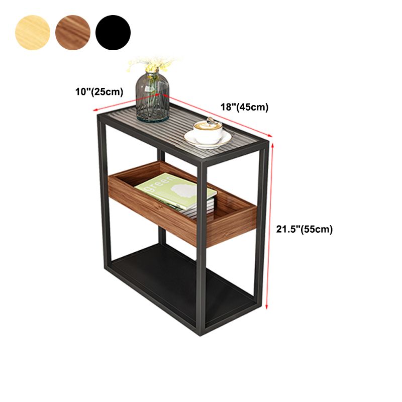 21.6" Tall Modern Rectangular Glass Top Side Table Iron Frame End Table with Shelves