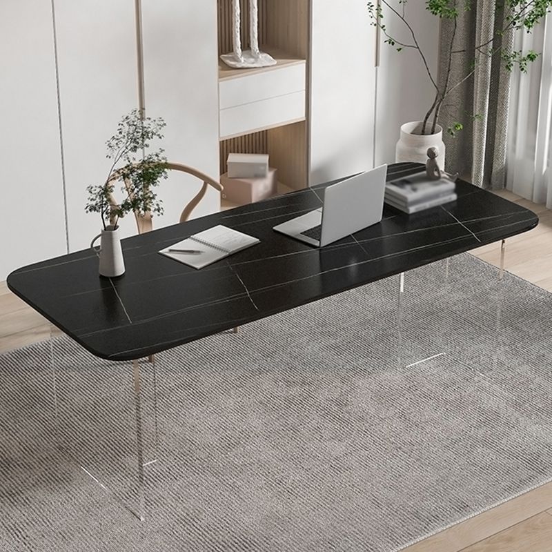 Contemporary Rectangle Dining Table Sintered Stone Dining Table with Clear Acrylic Double Pedestal Clearhalo ' dining_table' 'Dining Tables & Seating' 'Dining Tables' 'furn' 'furn_dining_table' 'Furniture' 'furniture_dining_table' 'Kitchen & Dining Furniture' 'kitchen&dining_furn' 'kitchen' 'kitchen_dining_table' 1200x1200_2c06dc75-fa59-452a-b395-443de6462758