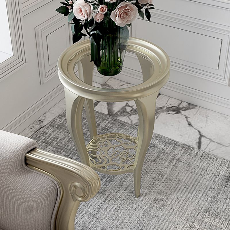 Table d'appoint en verre rond de 25,6 "de haut en bois à 4 jambes table de bout avec étagère