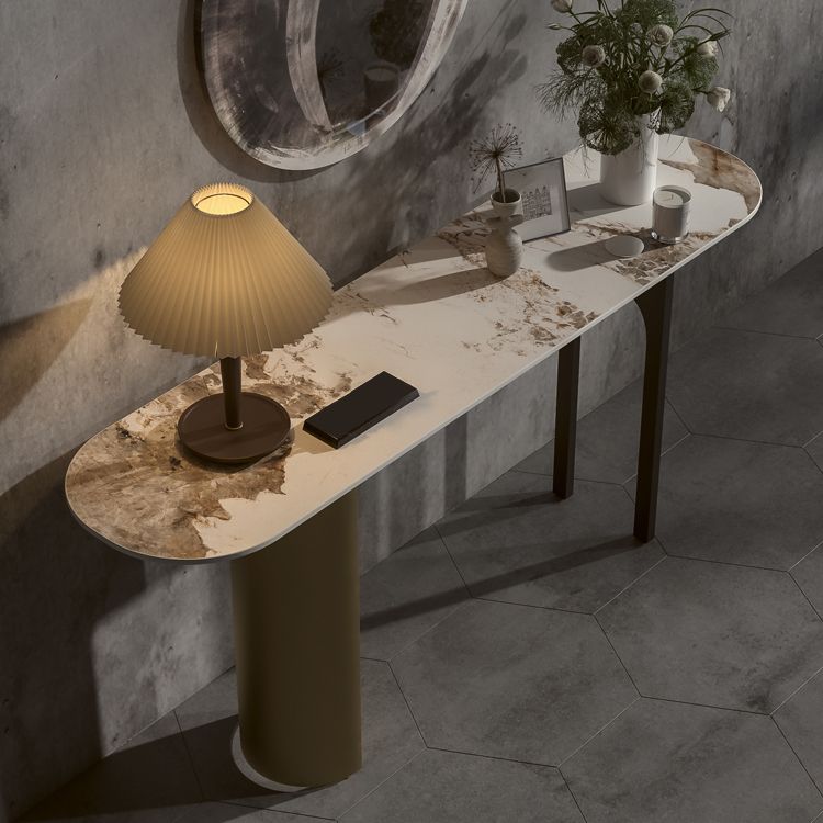 16 Inch Wide Glam Accent Table Oval Stone Console Table for Hall
