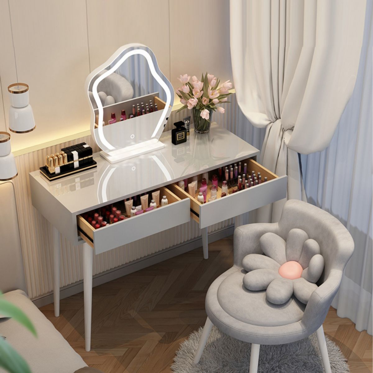 Contemporary Lighted Mirror Makeup Vanity Desk in Wood Vanity Dressing Table Set